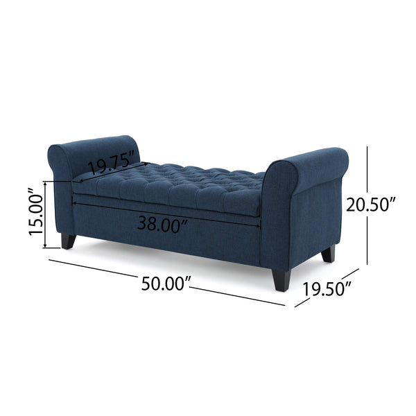 Button-Tufted Fabric Storage Ottoman Bench with Rolled Arms