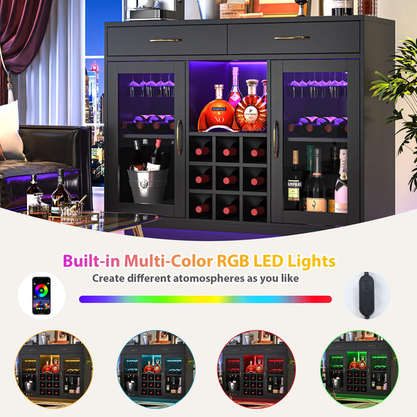 Wine Bar Cabinet with LED Lights & Glass Rack