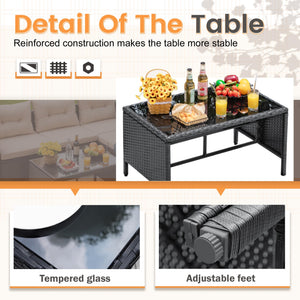 3-Piece L-Shaped Outdoor Rattan Sectional Sofa Set with Glass Table