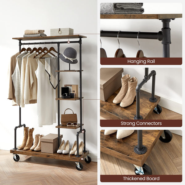 Industrial Clothing Rack with Wheels & 5-Tier Shelves