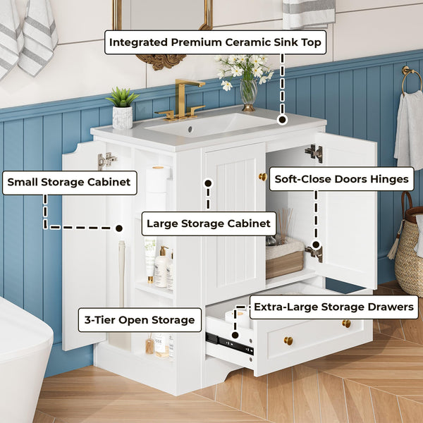 30-Inch Bathroom Vanity with Ceramic Sink and Side Storage