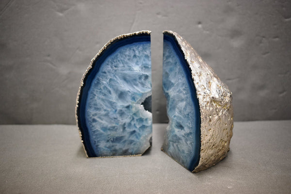 Agate Geode Bookends – Blue Silver Polished Natural Stone