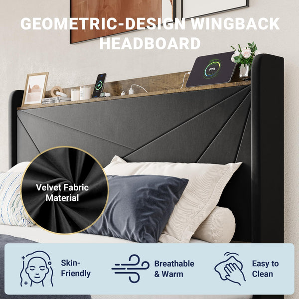 Velvet Platform Bed with Storage Drawers & USB Ports