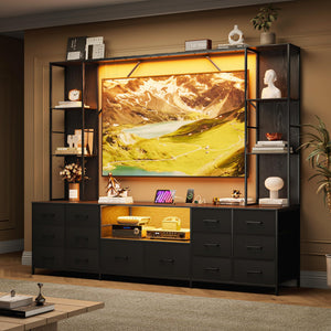 96" Wall Unit Entertainment Center with 14 Fabric Drawers, LED Lights & Power Outlets