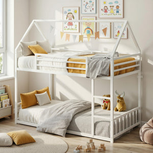 Twin Over Twin House Bunk Bed with Metal Frame, Ladder & Guardrail