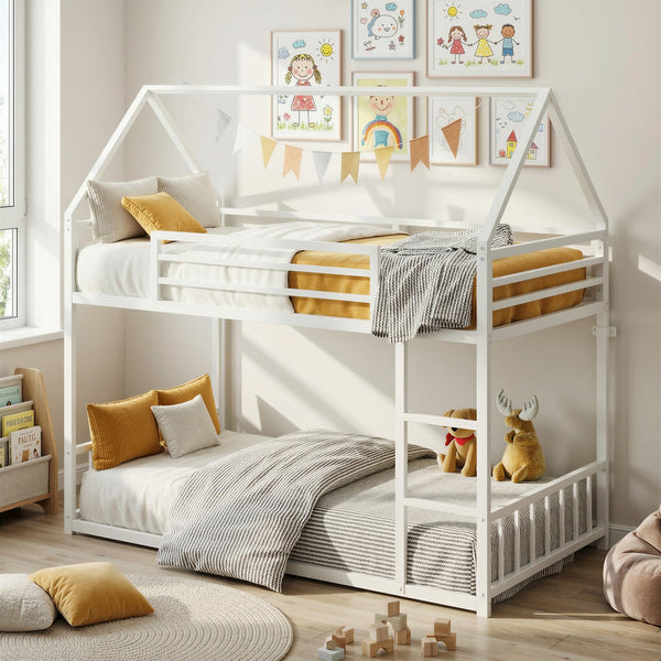 Twin Over Twin House Bunk Bed with Metal Frame, Ladder & Guardrail