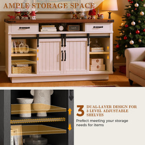 Farmhouse Fireplace TV Stand with LED Light & Sliding Barn Door