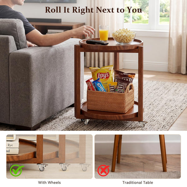 Round Side Table with Wheels & Storage Shelf