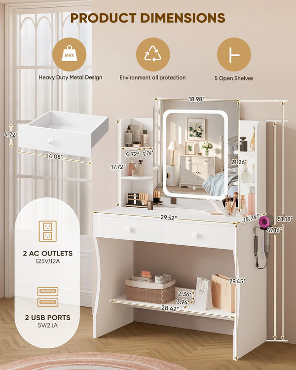 LED Makeup Vanity Desk with Smart Mirror, Power Outlet & Storage