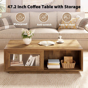 Rustic Wood Coffee Table with Sliding Door Storage