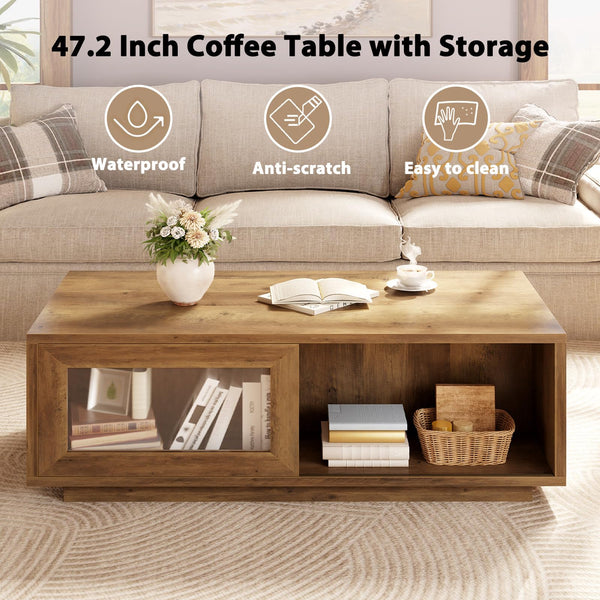 Rustic Wood Coffee Table with Sliding Door Storage