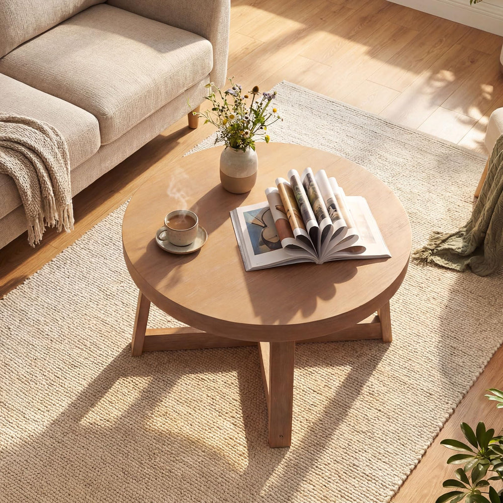 Round Wood Coffee Table 30 Inch – Pine Frame, Natural Finish