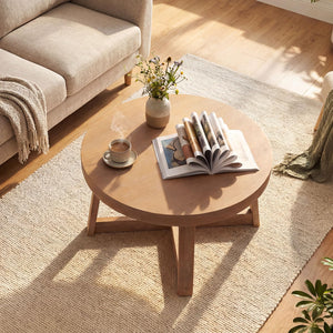 Round Wood Coffee Table 30 Inch – Pine Frame, Natural Finish