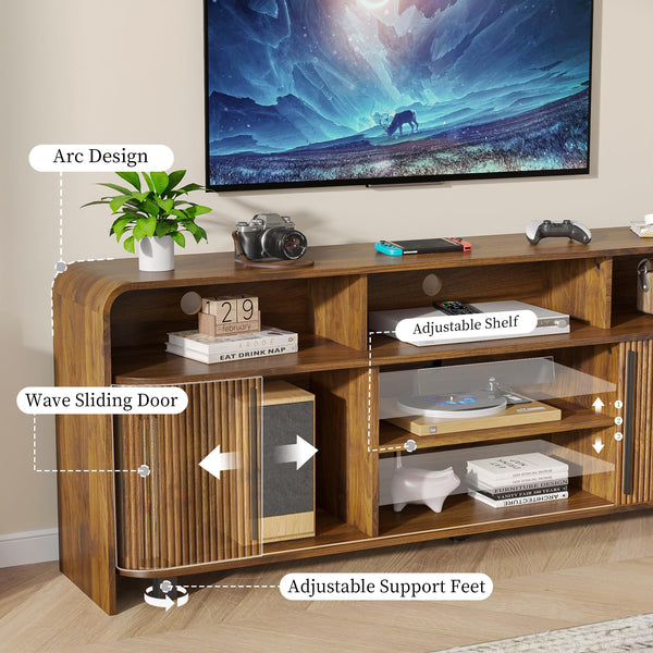 Fluted TV Stand with Sliding Doors & Adjustable Shelves