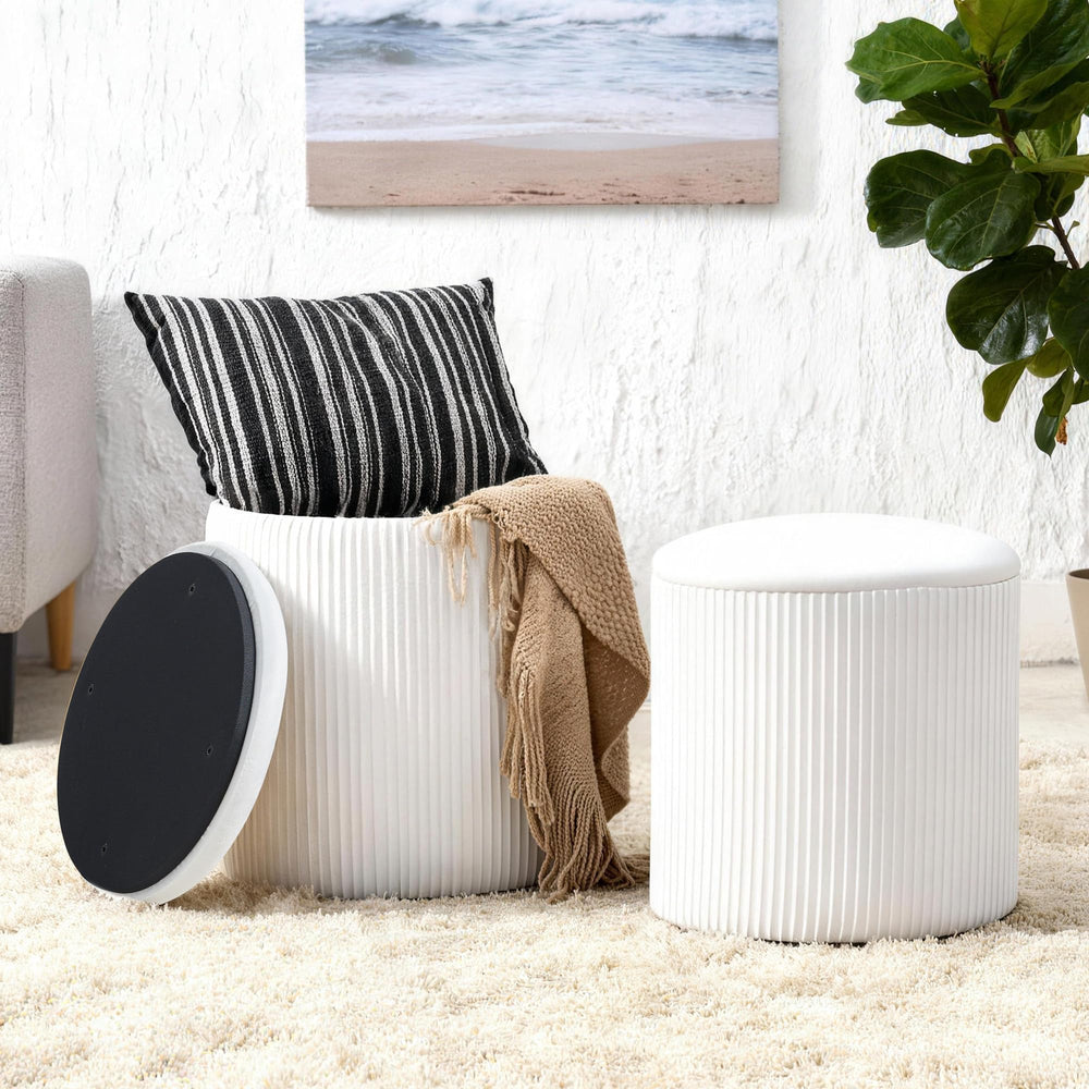 Set of 2 Round Velvet Storage Ottomans with Lid – Stackable Footstool Pouf Set