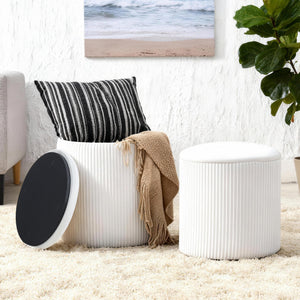 Set of 2 Round Velvet Storage Ottomans with Lid – Stackable Footstool Pouf Set