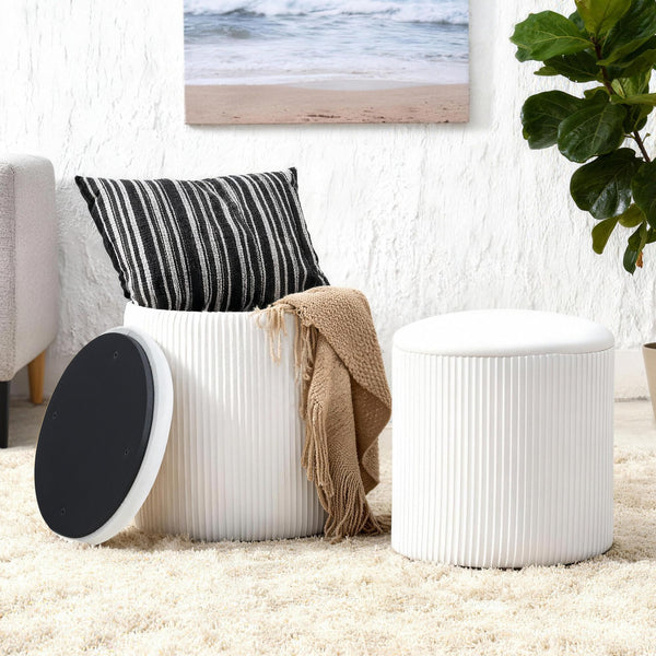 Set of 2 Round Velvet Storage Ottomans with Lid – Stackable Footstool Pouf Set