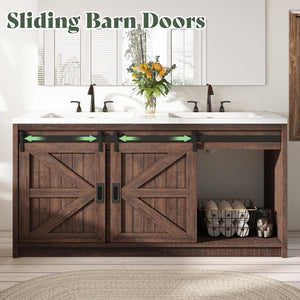 60" Farmhouse Bathroom Double Vanity with Integrated Sink & Sliding Barn Door