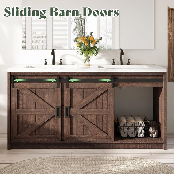 60" Farmhouse Bathroom Double Vanity with Integrated Sink & Sliding Barn Door