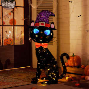 3.5 ft Pre-Lit Black Cat Halloween Decoration with Flashing Infinity Eyes & Witch Hat
