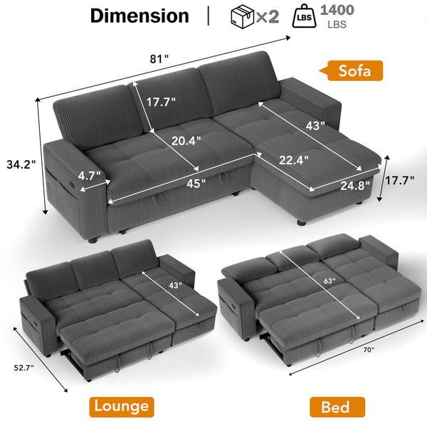 81" L-Shaped Sectional Sleeper Sofa with Pull-Out Bed & Storage