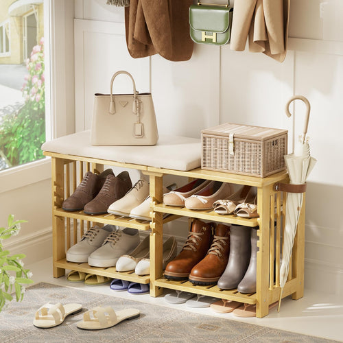 Bamboo Shoe Bench with Cushion & Storage Strap