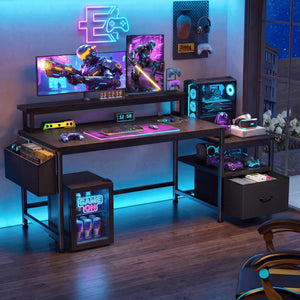 Computer Desk with Monitor Stand, File Drawers & Charging Station