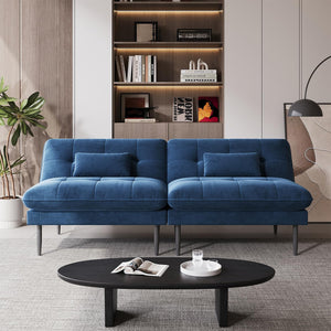 70" Convertible Futon Sofa Bed – Velvet Loveseat, 4-in-1 Sleeper, Blue