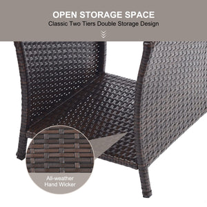 Outdoor Wicker Patio Side Table with Storage – 2-Layer PE Rattan End Table