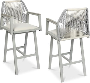 Outdoor Bar Stools Set of 2 – 360° Swivel, Aluminum Frame, Woven Rope, Armrests