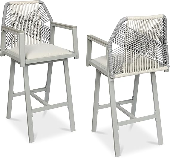 Outdoor Bar Stools Set of 2 – 360° Swivel, Aluminum Frame, Woven Rope, Armrests