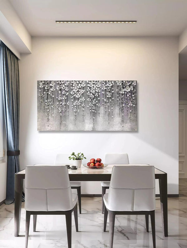 Abstract Oil Painting on Canvas – Silver Flower Wall Art