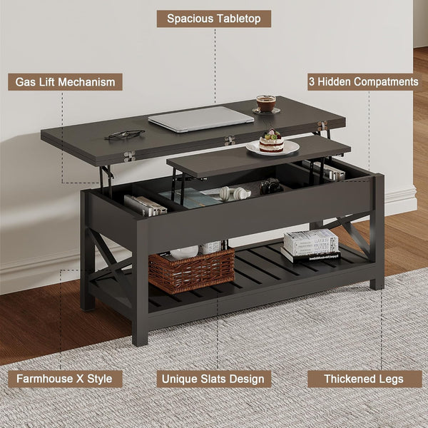 Lift Top Coffee Table with Storage | Convertible to Dining Table | Modern Black
