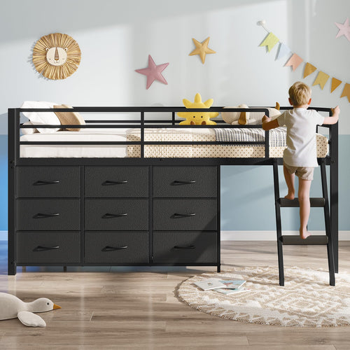 Twin Low Loft Bed with 9 Storage Drawers, LED Lights & Safety Guardrail