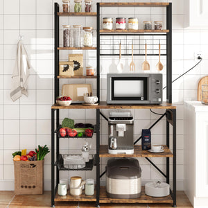 Baker's Rack with Power Outlet & Wire Basket, 7-Tier Kitchen Storage Shelf
