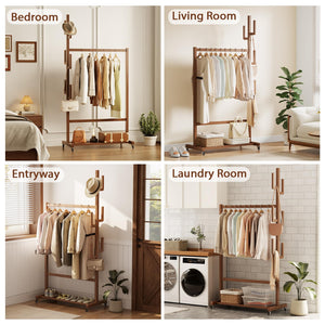 Solid Wood Rolling Clothing Rack with Cactus Hooks