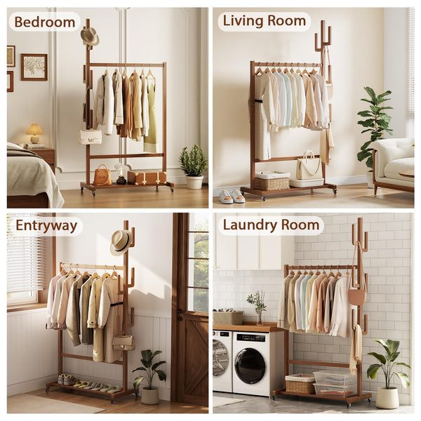 Solid Wood Rolling Clothing Rack with Cactus Hooks