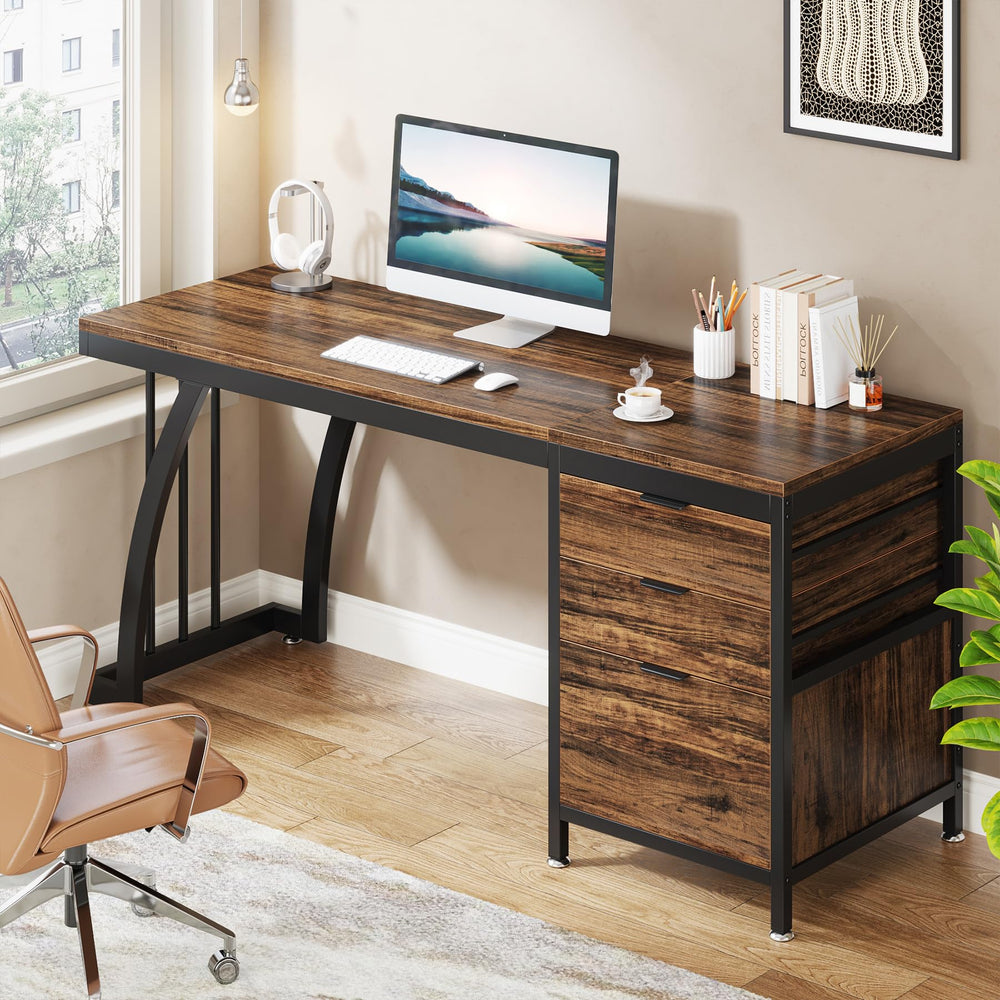59-Inch Industrial Computer Desk with 3 Drawers and File Storage