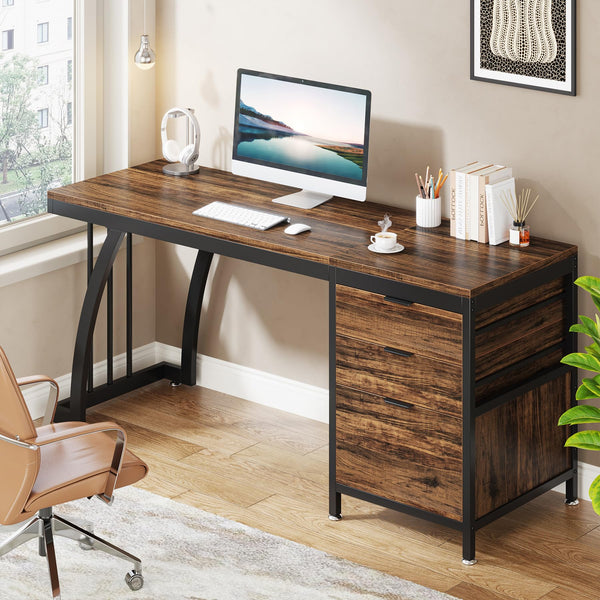 59-Inch Industrial Computer Desk with 3 Drawers and File Storage