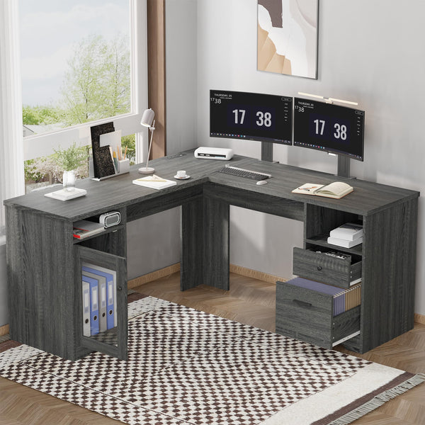 L-Shaped Desk with File Cabinet & Power Outlets – 60 Inch Corner Computer Desk