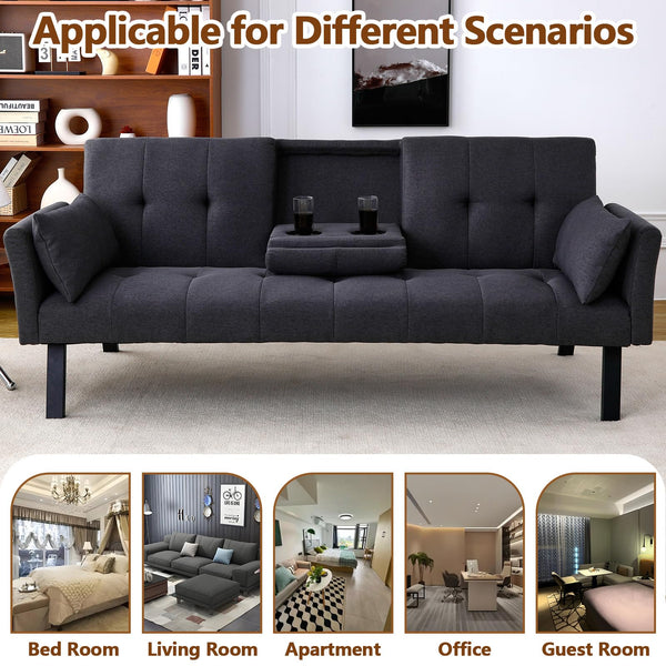 Convertible Velvet Futon Sofa Bed with Cup Holder