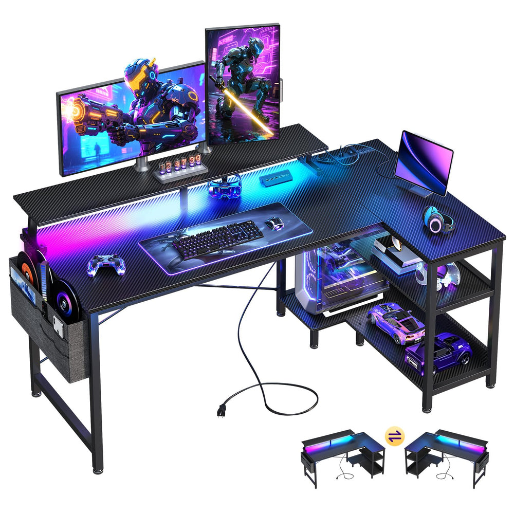 L-Shaped Gaming Desk with LED Lights, USB Charging Ports & Power Outlets