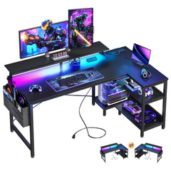 L-Shaped Gaming Desk with LED Lights, USB Charging Ports & Power Outlets