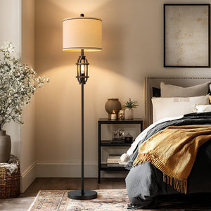 Industrial Floor Lamp with Dual Lights & Linen Shade