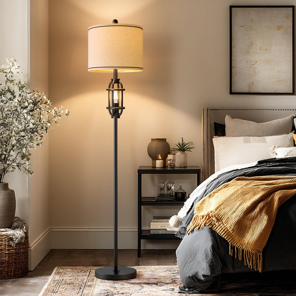 Industrial Floor Lamp with Dual Lights & Linen Shade