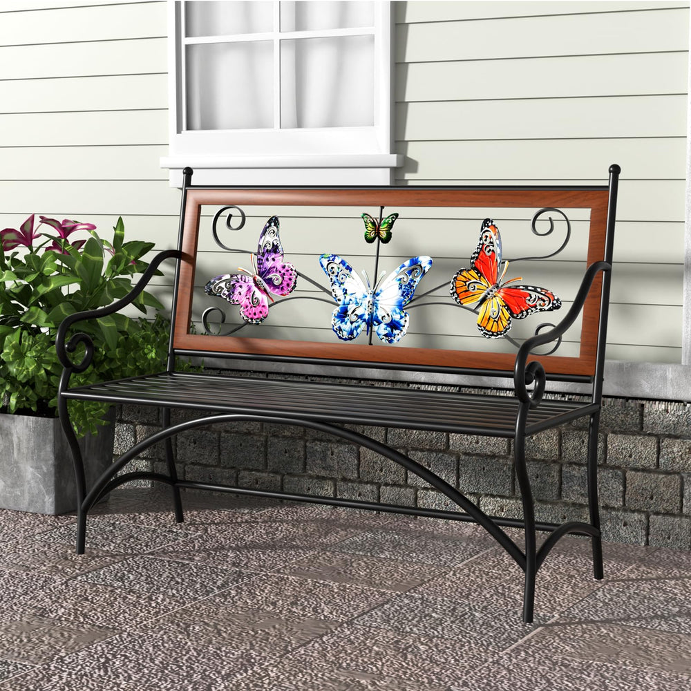 Outdoor Garden Bench with Armrest & Butterfly Pattern Backrest