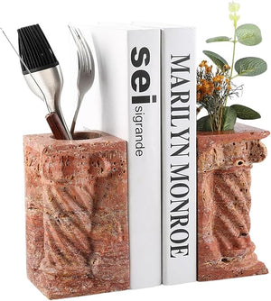 Marble Bookends with Pen Holder & Vase – Set of 2