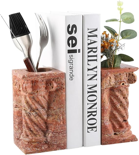 Marble Bookends with Pen Holder & Vase – Set of 2