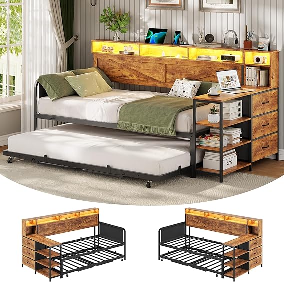 Twin Daybed with Pop-Up Trundle, Storage Drawers & LED Lights