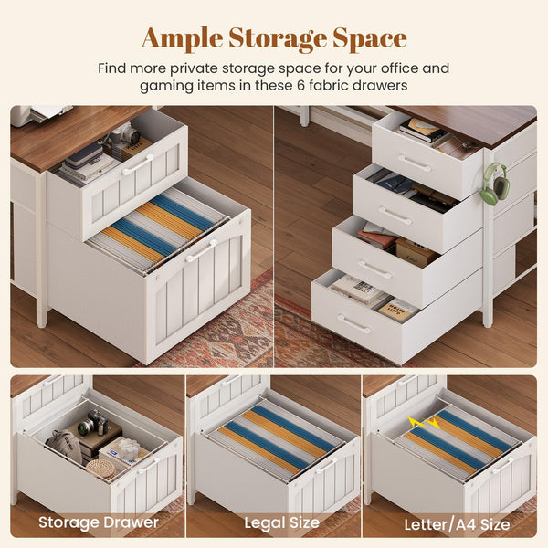 L-Shaped Office Desk with Hutch, 6 Drawers & Power Outlet – Farmhouse Corner Desk